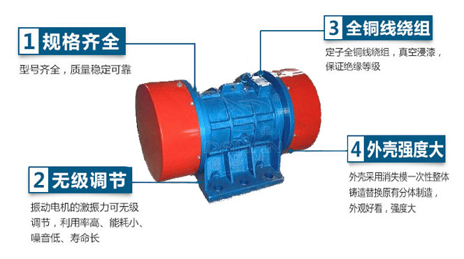 VB振動(dòng)電機(jī)特點(diǎn)：1，規(guī)格齊全：型號(hào)齊全，質(zhì)量穩(wěn)定可靠。2，無極調(diào)節(jié)：振動(dòng)電機(jī)的激振力可無極調(diào)節(jié)，利用率高，能耗小，噪音低，壽命長(zhǎng)。4，外殼輕度大：外殼采用消失模一次性整體鑄造替換原有分體制造，外觀好看，強(qiáng)度大。