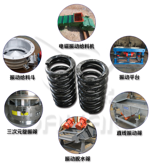 旋振篩減震彈簧適用產(chǎn)品：振動給料機，電磁振動給料機，振動平臺，直線振動篩，振動脫水篩，三次元旋振篩。