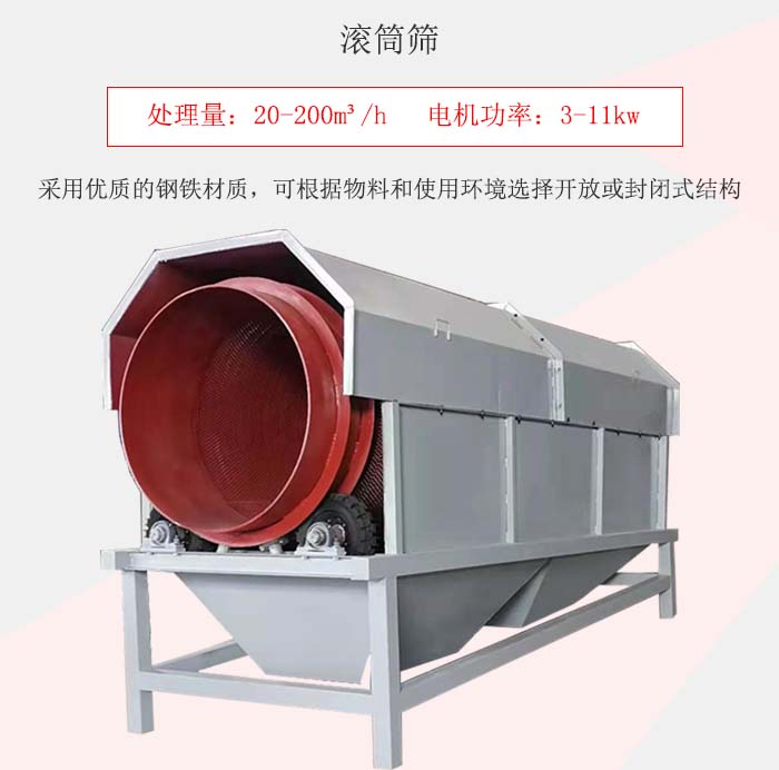 滾筒篩采用優(yōu)質(zhì)的鋼鐵材質(zhì)，可根據(jù)物料和使用環(huán)境選擇開放或封閉式結(jié)構(gòu)