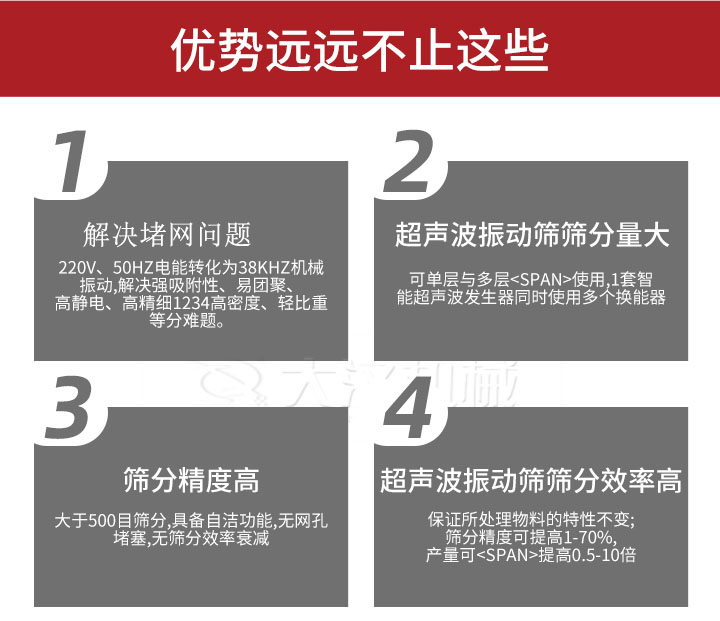 超聲波振動篩優(yōu)勢：1，高效解決堵網(wǎng)問題220V，50HZ電能轉(zhuǎn)化為38KHZ機(jī)械振動，解決強(qiáng)吸附性，易團(tuán)聚，高靜電，高精細(xì)1234高密度，輕比重等難題。2，超聲振動篩篩分量大：可單層與多層使用1套只能超聲波發(fā)生器同時(shí)使用多個(gè)換能器。3，適合大于500目篩分，具備自潔功能，無網(wǎng)孔堵塞，無篩分效率衰減。4，超聲波振動篩篩分效率高：保證所處理物料的特性不變，篩分精度可提高1-70%。