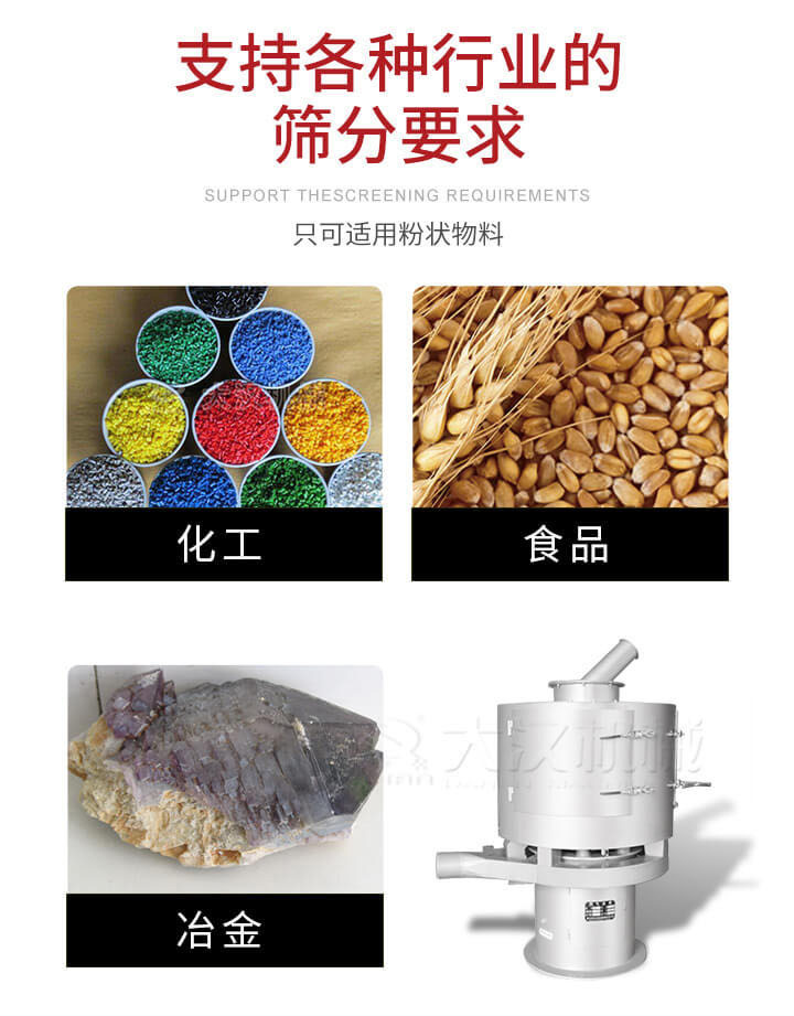氣流篩用于礦粉，石墨粉，活性納米碳酸鈣，鋁灰，大豆粉，碳酸重鈣，石墨粉，木粉，干草，重金石粉，藥粉末，橡膠顆粒，草酸鹽，干料粉，木粉，聚酯粉，干粉，塑料，金屬粉末，橡膠粉，粉煤灰，石墨粉，陶瓷粉，鋅粉，石英粉，石灰粉，鐵粉，金屬硅粉等。