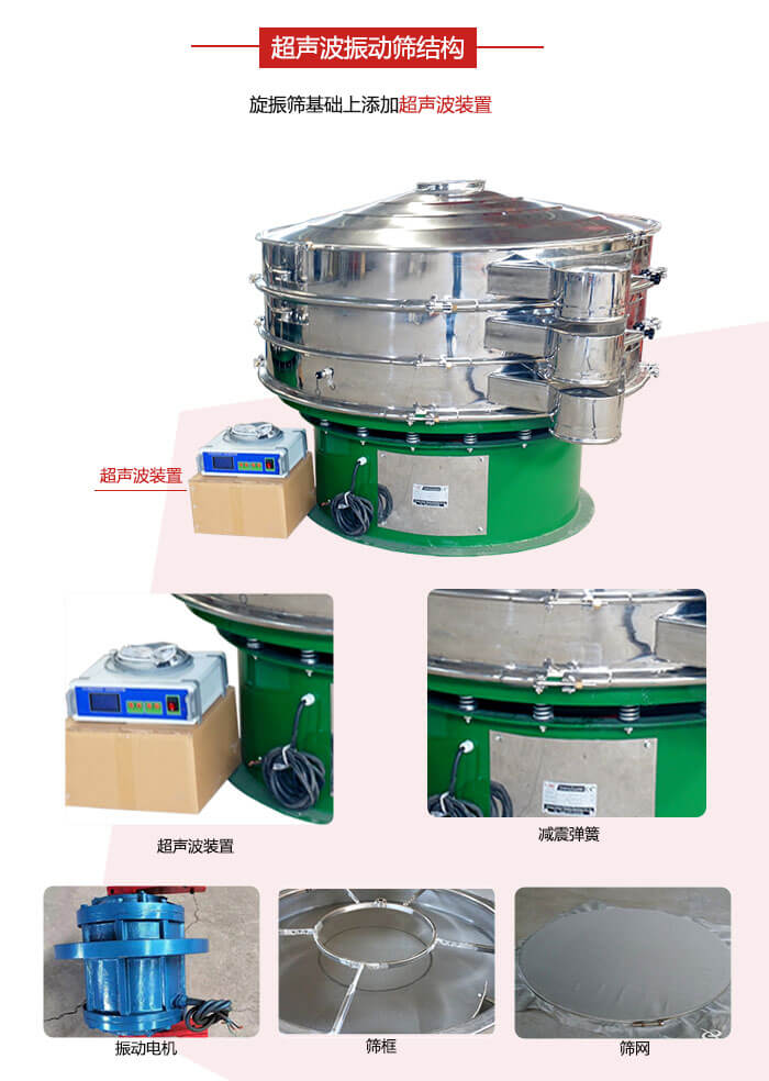 圓篩機(jī)內(nèi)部結(jié)構(gòu)：主要由振動(dòng)電機(jī)、篩框、篩網(wǎng)、超聲波系統(tǒng)、減震彈簧等展示圖