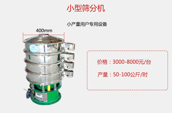 小型篩分機(jī)產(chǎn)量可達(dá)100公斤/時(shí)，價(jià)格3000元起。