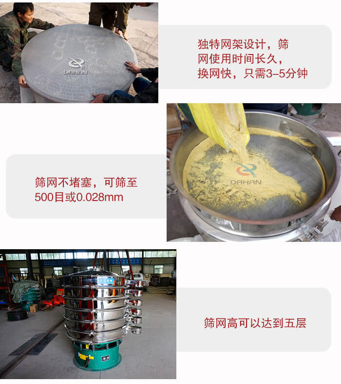 三次元振動(dòng)篩的特點(diǎn)：篩網(wǎng)使用時(shí)間長換讓時(shí)間短，篩網(wǎng)不堵塞，可篩至500目或0.028mm。