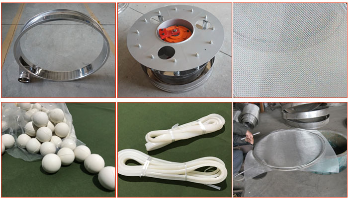 800型全不銹鋼振動篩配件有：振動篩篩框，電機(jī)，不銹鋼篩網(wǎng)等。
