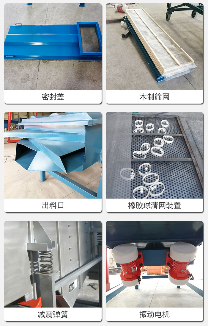 直線篩結構展示：篩網(wǎng)，篩箱，振動電機，振動電機座，減震彈簧，支架等部件展示圖