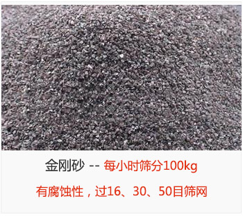篩分金剛砂每小時100kg，有腐蝕性，過16、30、50目篩網(wǎng)