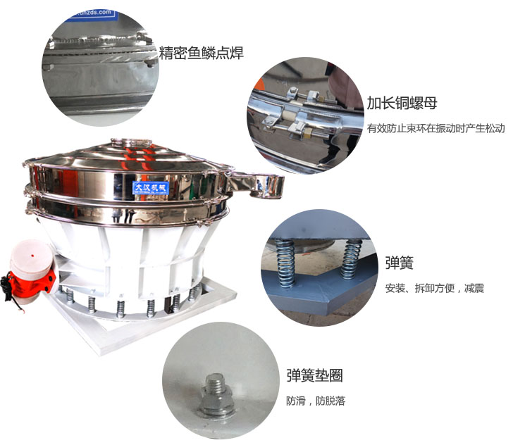 1500直排篩細(xì)節(jié)展示：彈簧，彈簧墊圈，加長銅螺母。