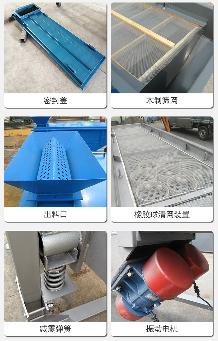 直線篩分機(jī)的結(jié)構(gòu)展示圖：篩箱是物料主要篩分設(shè)備之一，篩網(wǎng)用于篩分物料，振動(dòng)電機(jī)幫助篩網(wǎng)篩分。