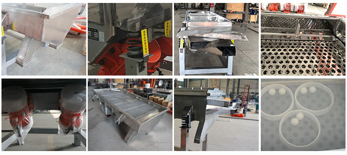 不銹鋼直線篩不同定制出料口，電機，篩網(wǎng)，篩箱，彈跳球等部件細節(jié)展示