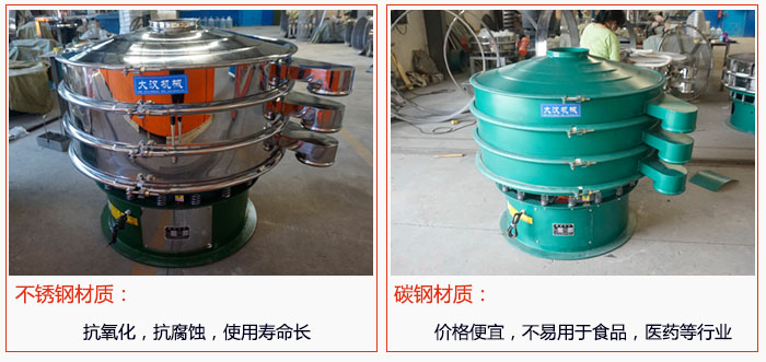 800型振動(dòng)篩有不銹鋼和碳鋼兩種材質(zhì)，不銹鋼材質(zhì)：抗氧化，抗腐蝕，使用壽命長(zhǎng) 碳鋼材質(zhì)：價(jià)格便宜，不易篩分食品，化工，醫(yī)藥等行業(yè)的物料。