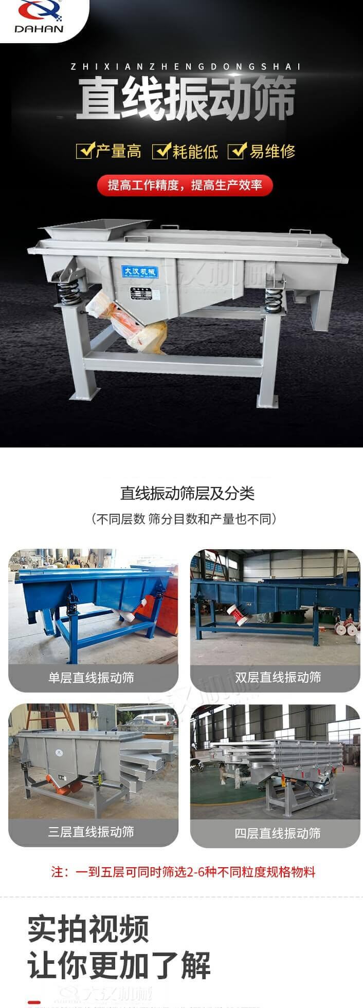直線振動篩概述，產(chǎn)量高，耗能低，易維修，提高工作精度，提高生產(chǎn)效率，直線振動篩層級分類：不同層數(shù)，篩分目數(shù)和產(chǎn)量也不同：單層，雙層，三層，四層等。