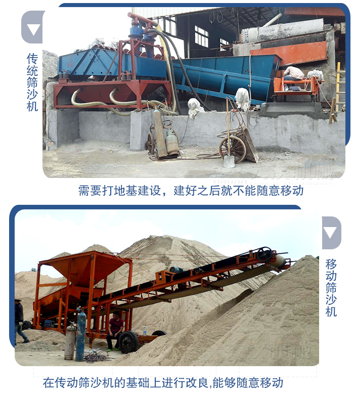 移動的篩沙機在安裝前需要打地基，而固定完畢后就不能隨意的移動，而移動篩沙機不需要打地并且隨時能夠進行移動。