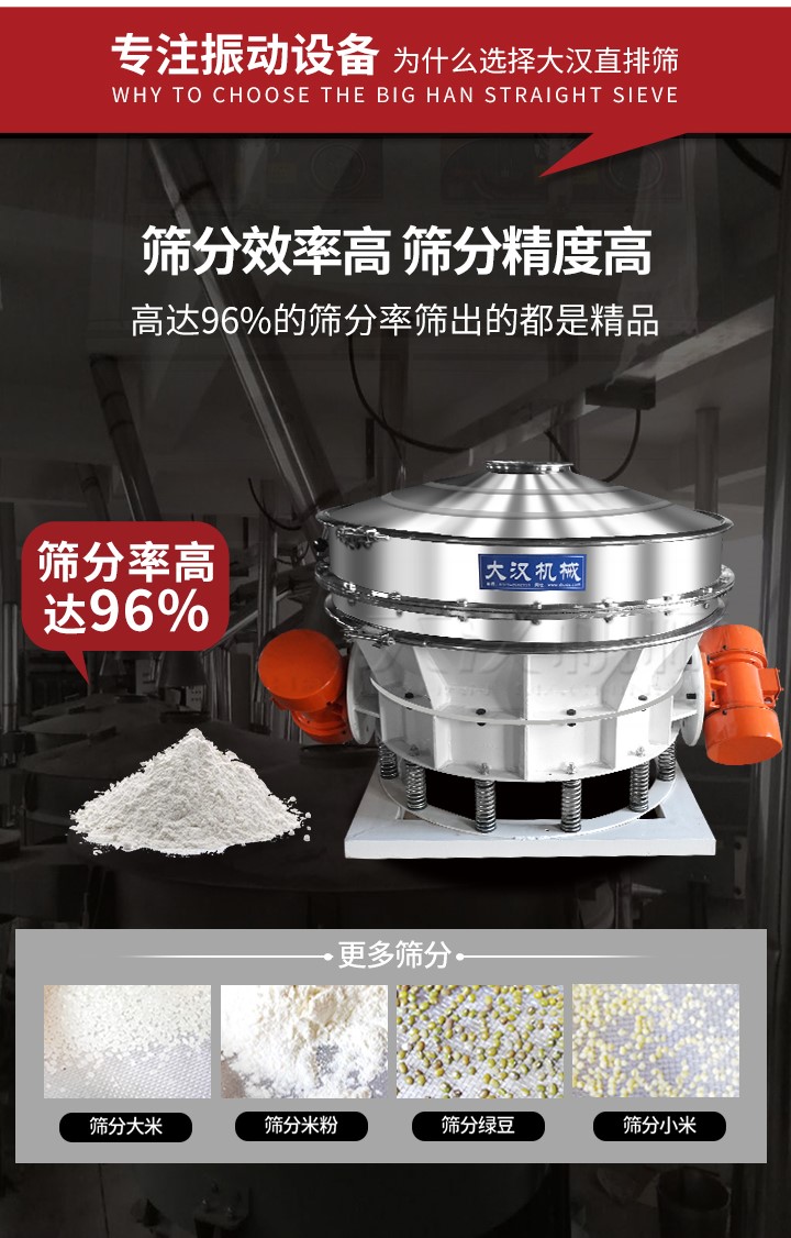 直排篩適用物料有面粉，淀粉，洗衣粉，金屬粉，添加劑，化工，非礦等行業(yè)。