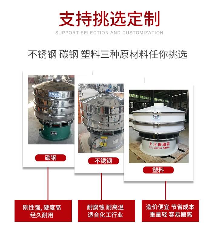 旋振篩可配置一到四層的篩網(wǎng)。旋振篩的篩分效率高，篩分精度高，篩分率高達(dá)96%。