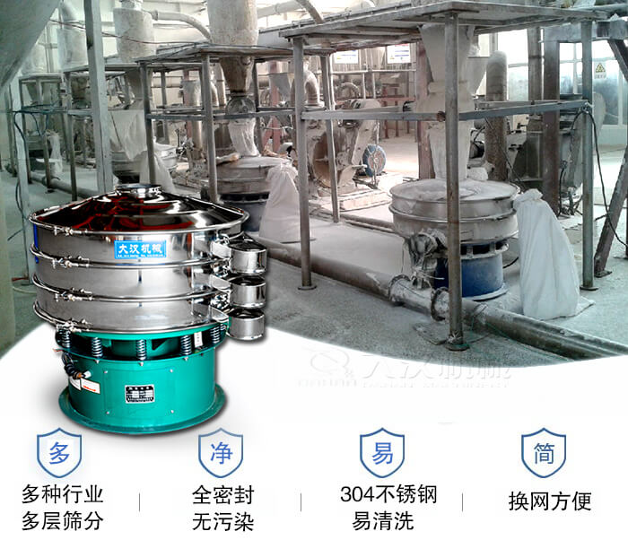 多種行業(yè)多層篩分采用全密封結(jié)構(gòu)，無污染。304不銹鋼材質(zhì)易清洗。同時換網(wǎng)方便。