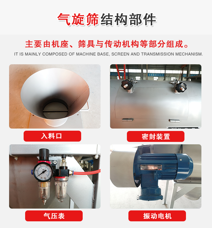 氣旋篩結(jié)構(gòu)：入料口，密封裝置，電機(jī)，氣壓表等