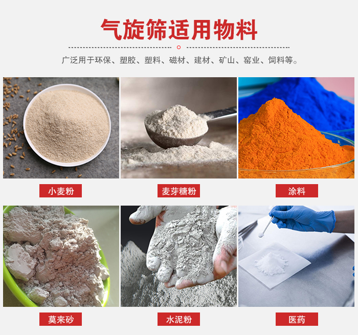 氣旋篩適用物料：小麥粉，麥芽糖粉，涂料，等粉狀物料。