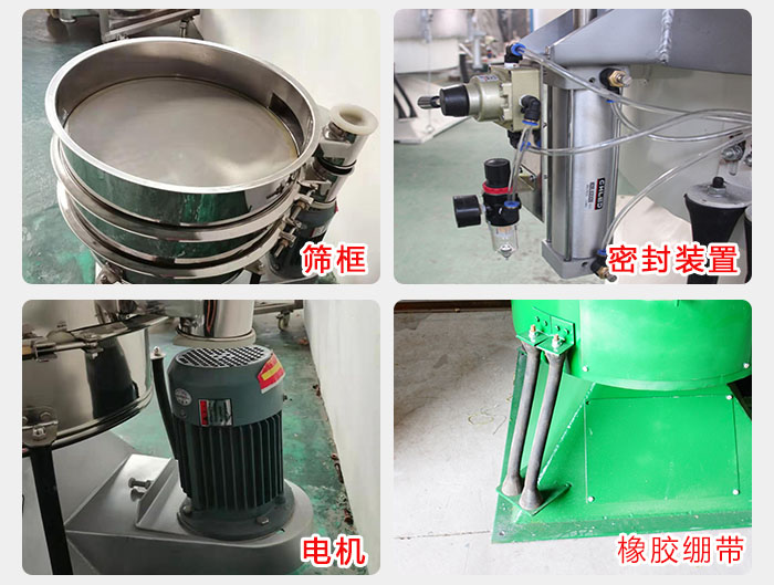 搖擺篩結(jié)構(gòu)：電機(jī)，橡膠繃帶，篩框，密封裝置等。