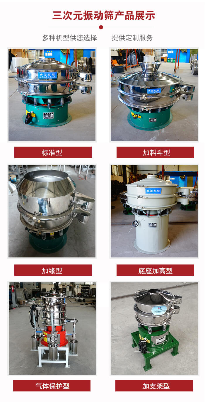 三次元振動(dòng)篩不同結(jié)構(gòu)展示：標(biāo)準(zhǔn)型，加料斗型，加緣型，底座加高型，氣體保護(hù)型，加支架型。