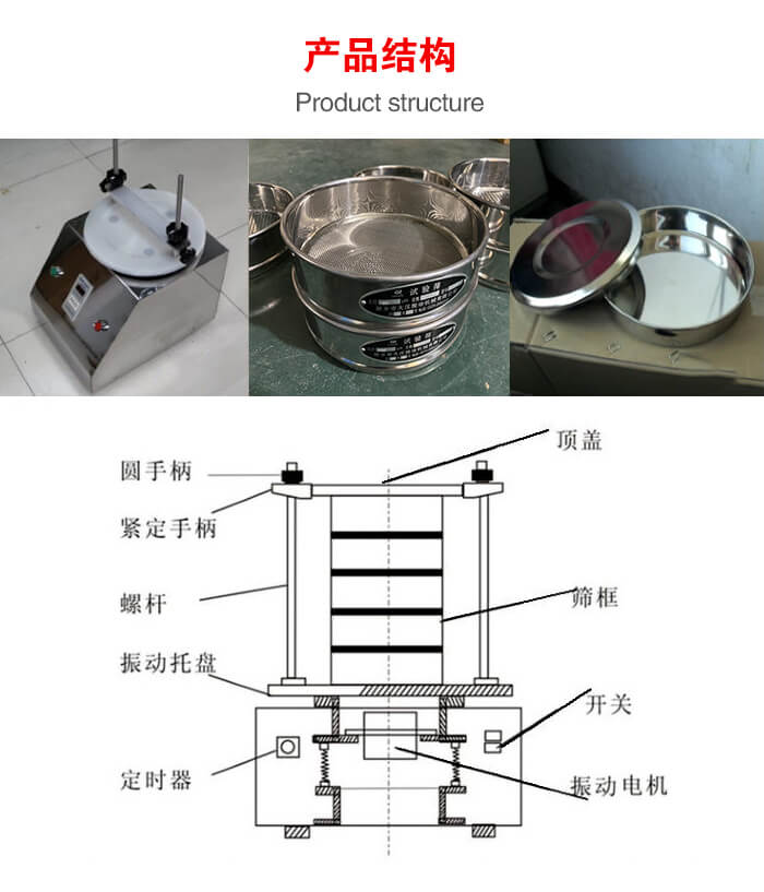 實(shí)驗(yàn)室振動(dòng)篩-試驗(yàn)篩結(jié)構(gòu)主要由：圓手柄，緊定手柄，螺桿，振動(dòng)托盤，篩框，頂蓋等。