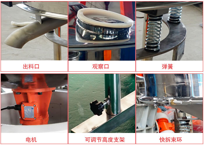 高頻篩細節(jié)展示：出料口，觀察口，彈簧，電機，可調(diào)節(jié)高度支架，快拆束環(huán)。