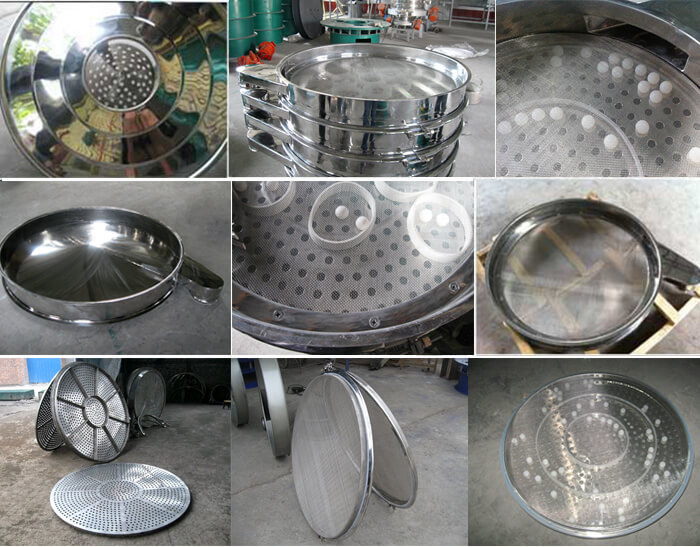 食品振動(dòng)篩細(xì)節(jié)展示：防塵蓋，篩框，網(wǎng)架，底框等。